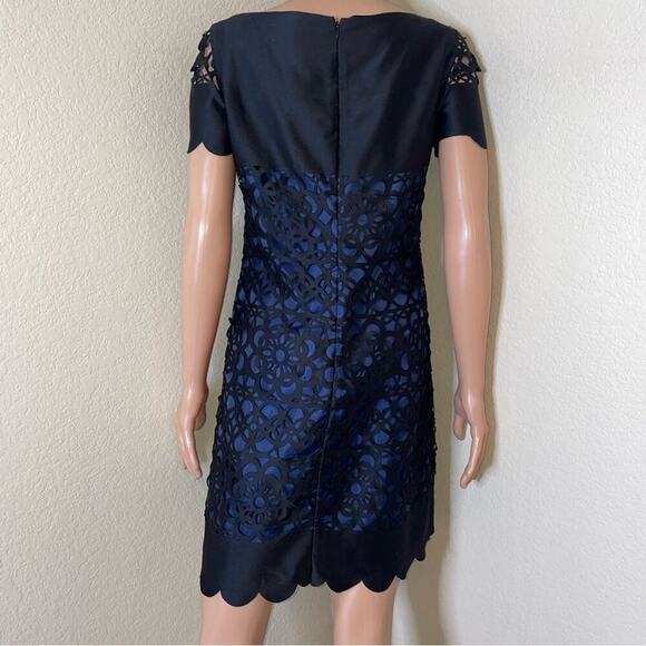 Muse Black Blue Laser Cut Eyelet Dress Size 6 black and navy blue sheath dress - Picture 14 of 16